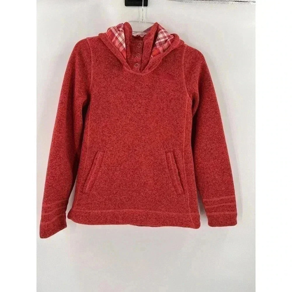 North Face Hoodie Sweater Red Plaid Fun Print Fleece Pullover Size Small EUC - Picture 1 of 11